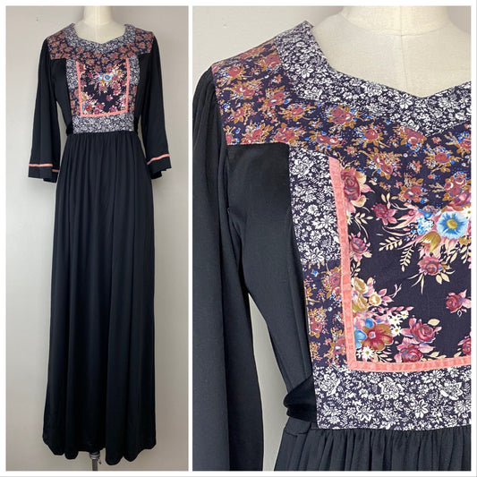 1970s Prairie Goth Maxi Dress, Sally Jrs, Size Medium, Floral Patchwork