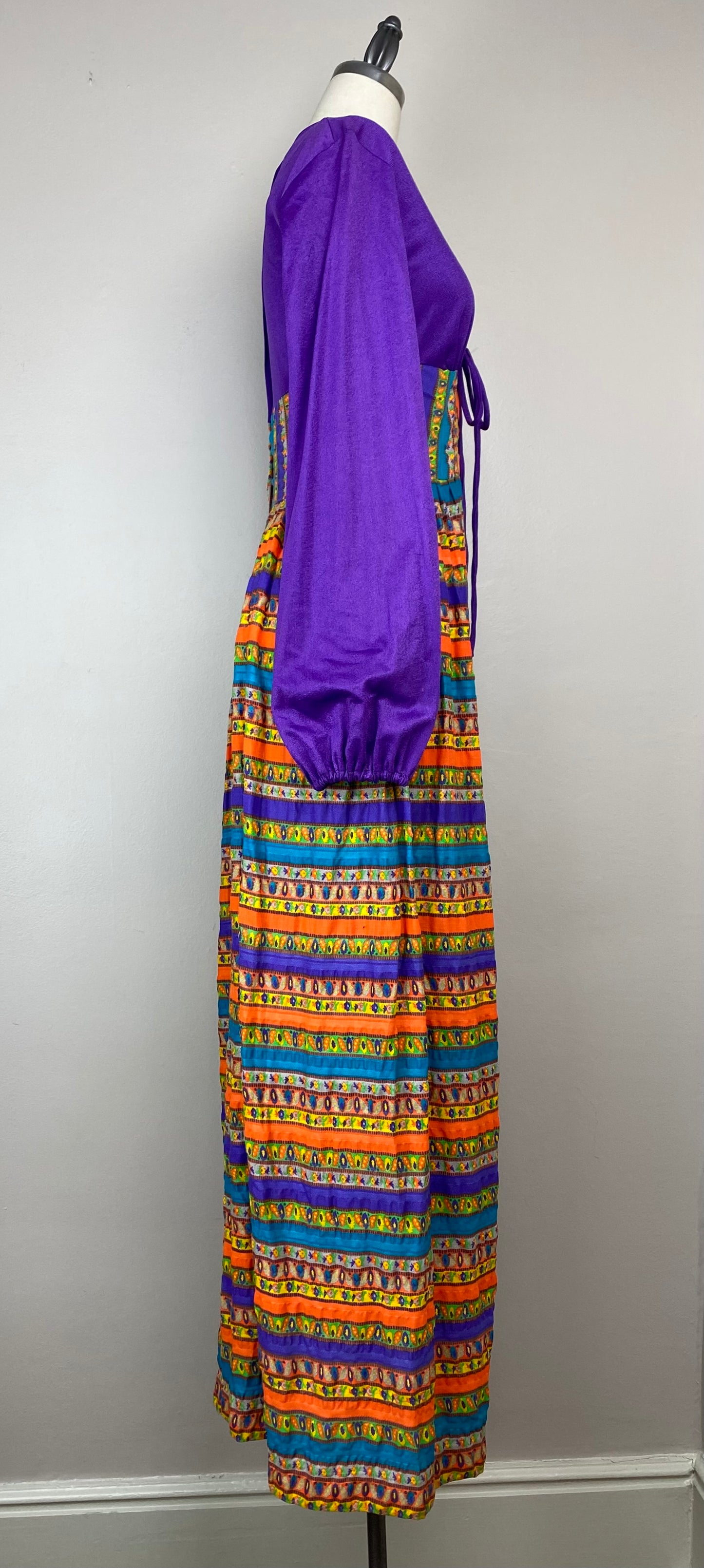 1970s Renaissance Inspired Bright Psychedelic Boho Dress, Size Small, Purple, Floral Stripes