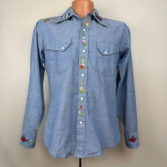 1970s Chambray Shirt with Embroidery, Sears Western Wear size S/M