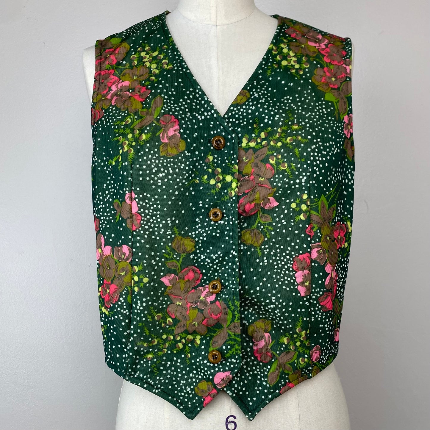 1970s Green Floral Vest, Devon, Size Small