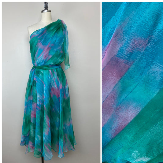 1970s One Shoulder Sheer Cocktail Dress, Size Small, Midi Length