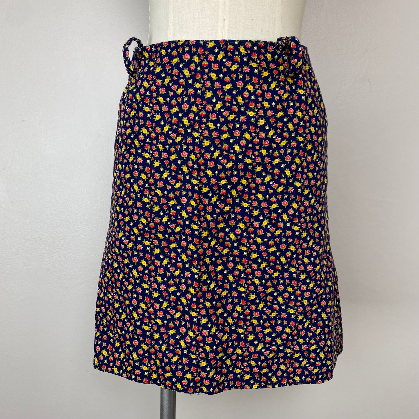 1960s Navy Blue Floral Mini Skirt, Handmade, Size Small