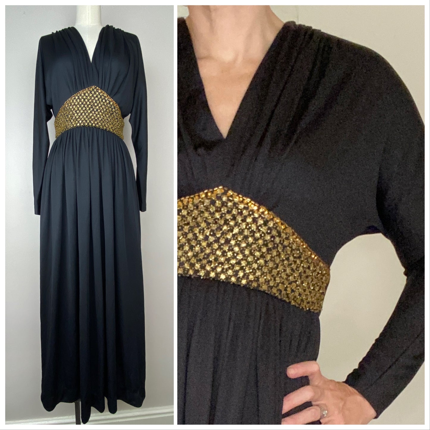 1970s Victor Costa Black Maxi Dress with Gold Beads and Rhinestones, Size XS