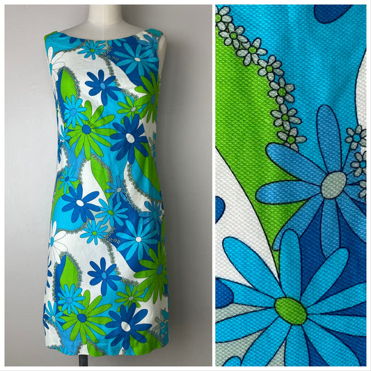 1960s Flower Power Mini Dress, Size XS, Blue and Green Floral