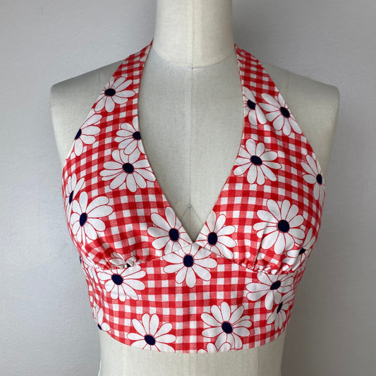 1960s Halter Top, Size XS, Gingham Floral, Handmade
