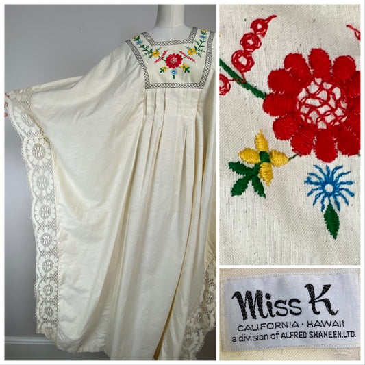 1970s Miss K Kaftan, Alfred Shaheen, Embroidered, One Size Fits Many