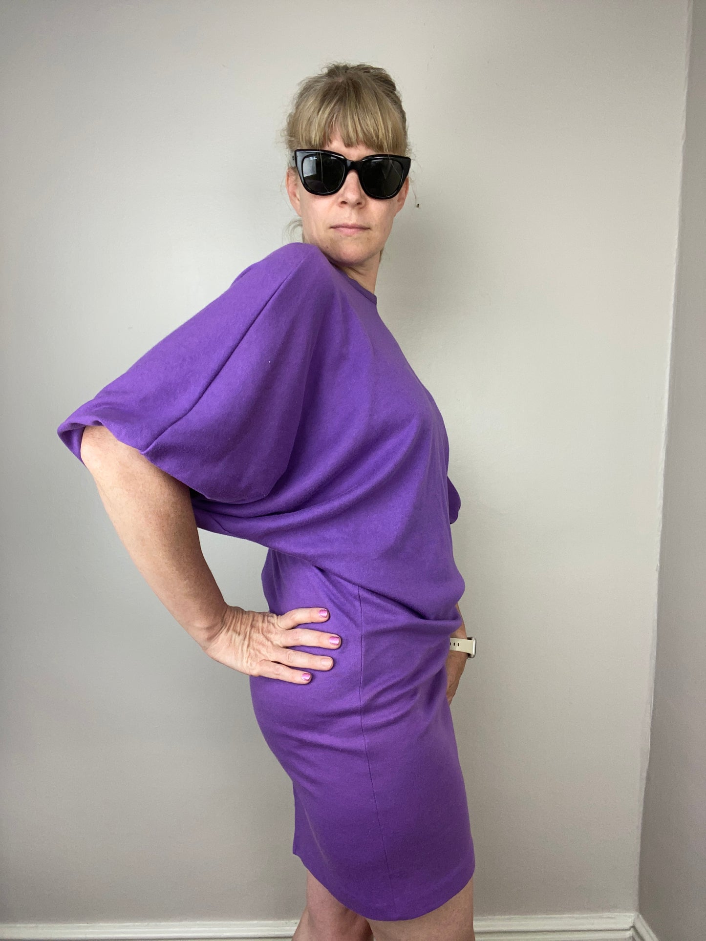 1980s Purple Batwing Sleeve T-Shirt Dress, Frederick’s of Hollywood, Size XS-Med