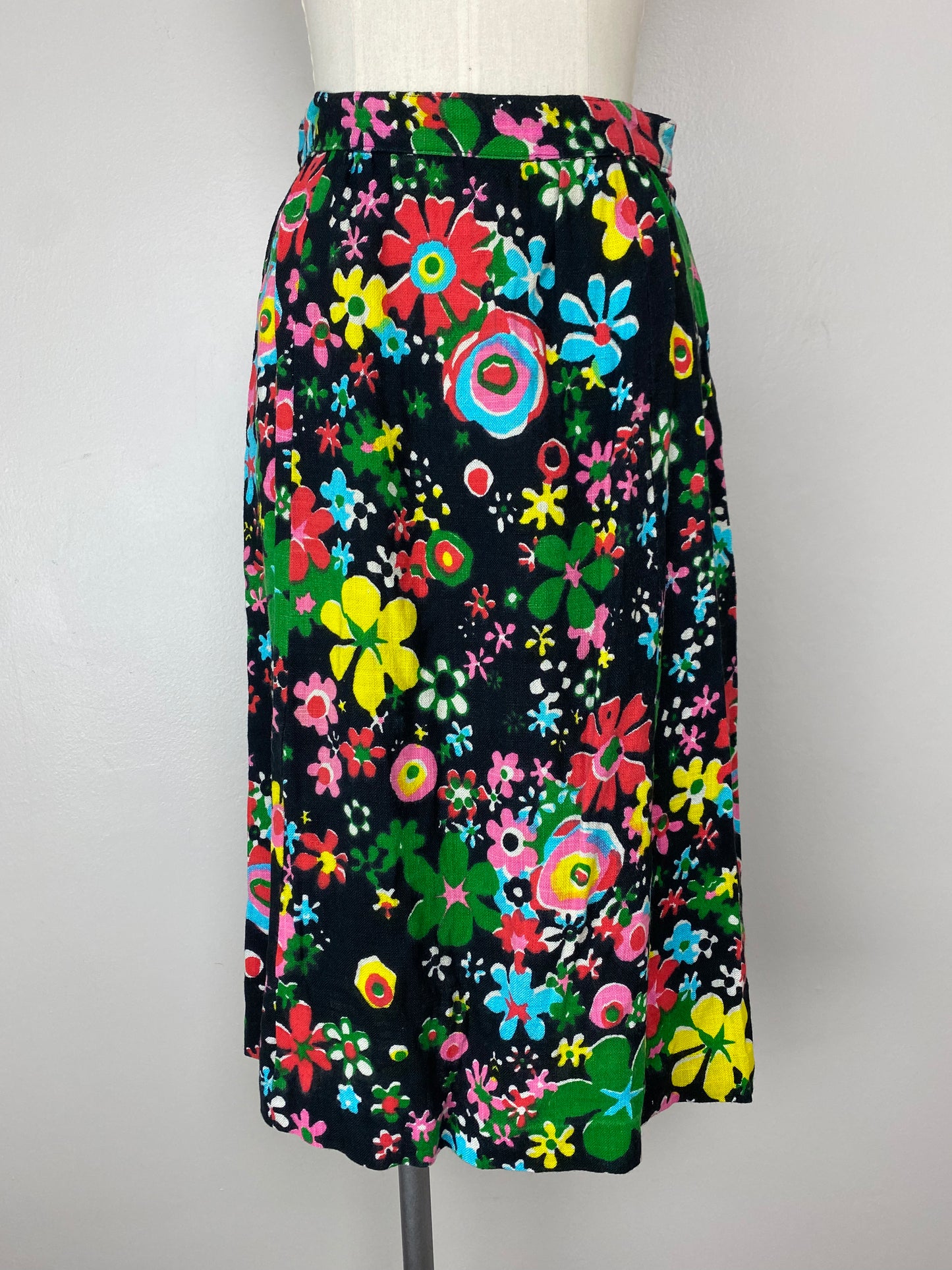 1960s Black and Brights Floral A-Line Midi Skirt, Size Small, Handmade