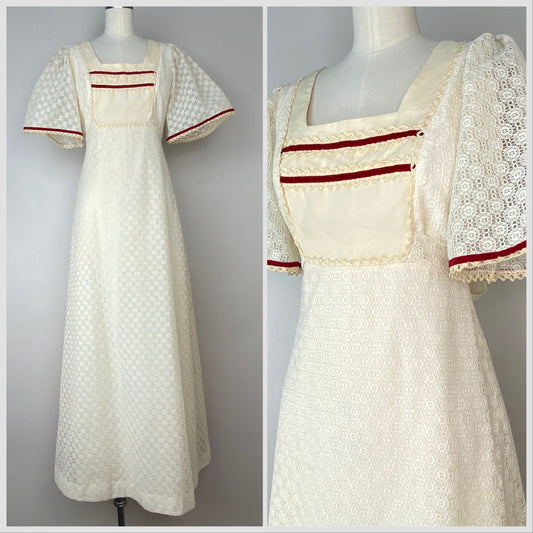 1970s Cream Lace Candi Jones Maxi Dress, Size XS, Red Velvet Trim
