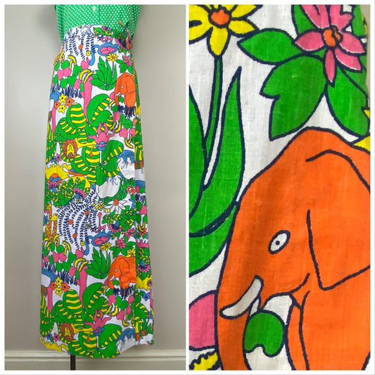 1970s Animal Novelty Print Maxi Wrap Skirt, Gordon of Philadelphia, Size Medium, Colorful Zoo