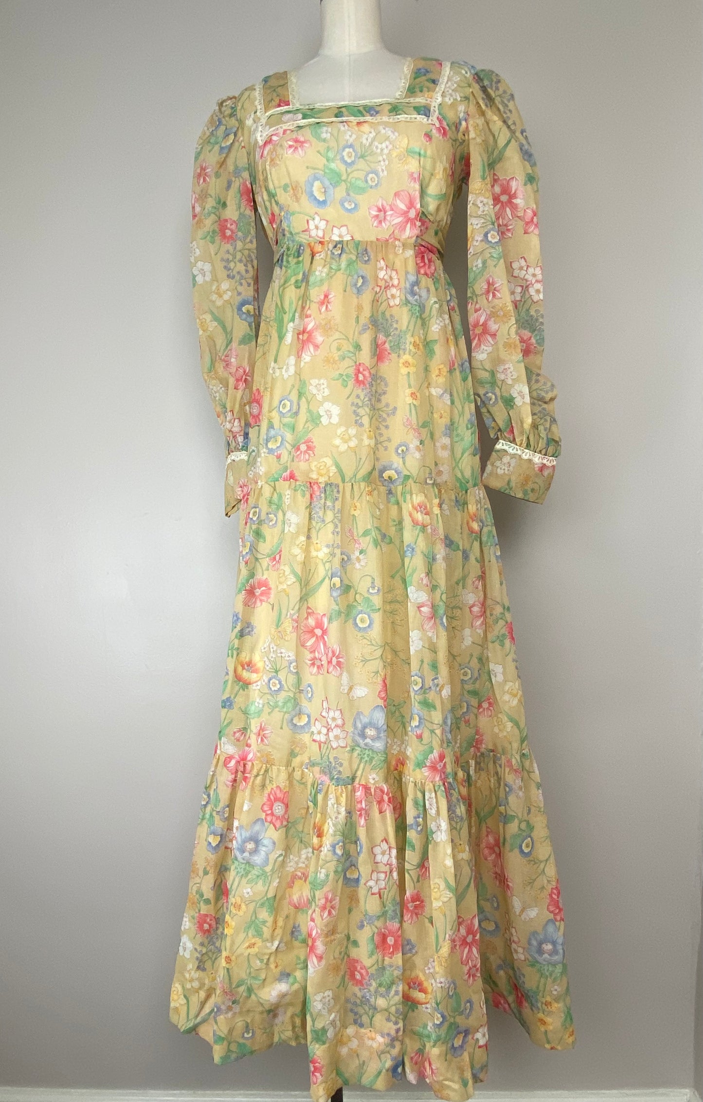 1970s Homemade Prairie Maxi Dress, Size XS/S, Gunne Sax Pattern?