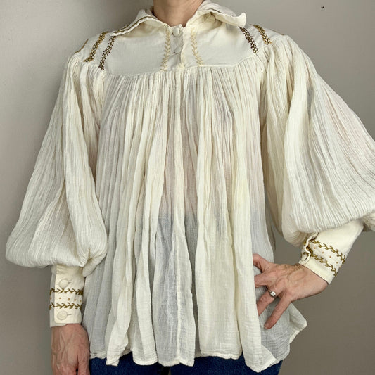 1960s/70s Embroidered Gauze Blouse with Balloon Sleeves, Size Small