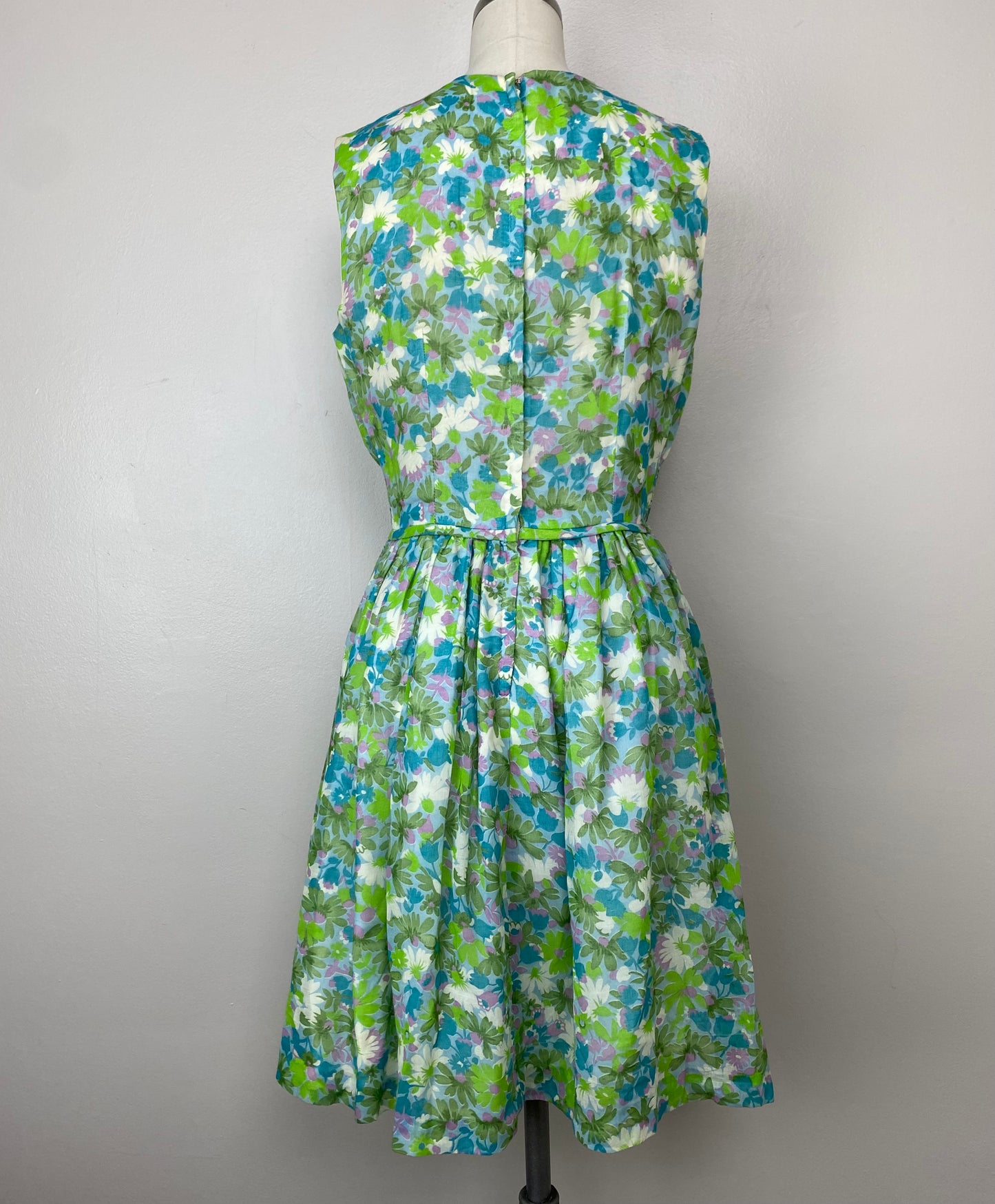 1950s Sheer Blue and Green Floral Dress, Size Small, Smocking