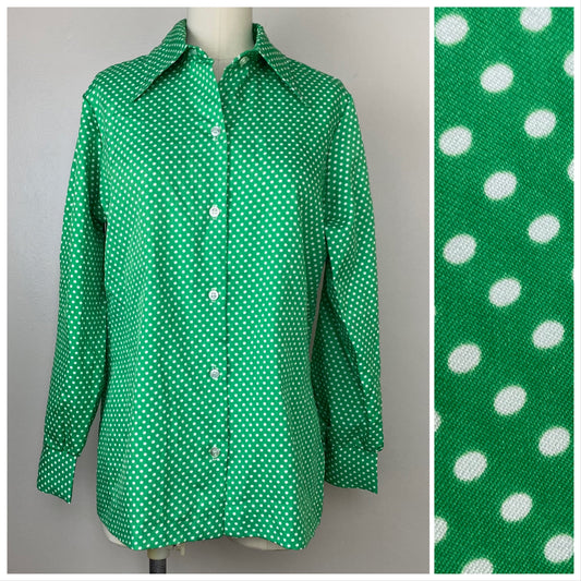 1970s Green and White Polka Dot Blouse, Long Sleeves, Alfred Dunner