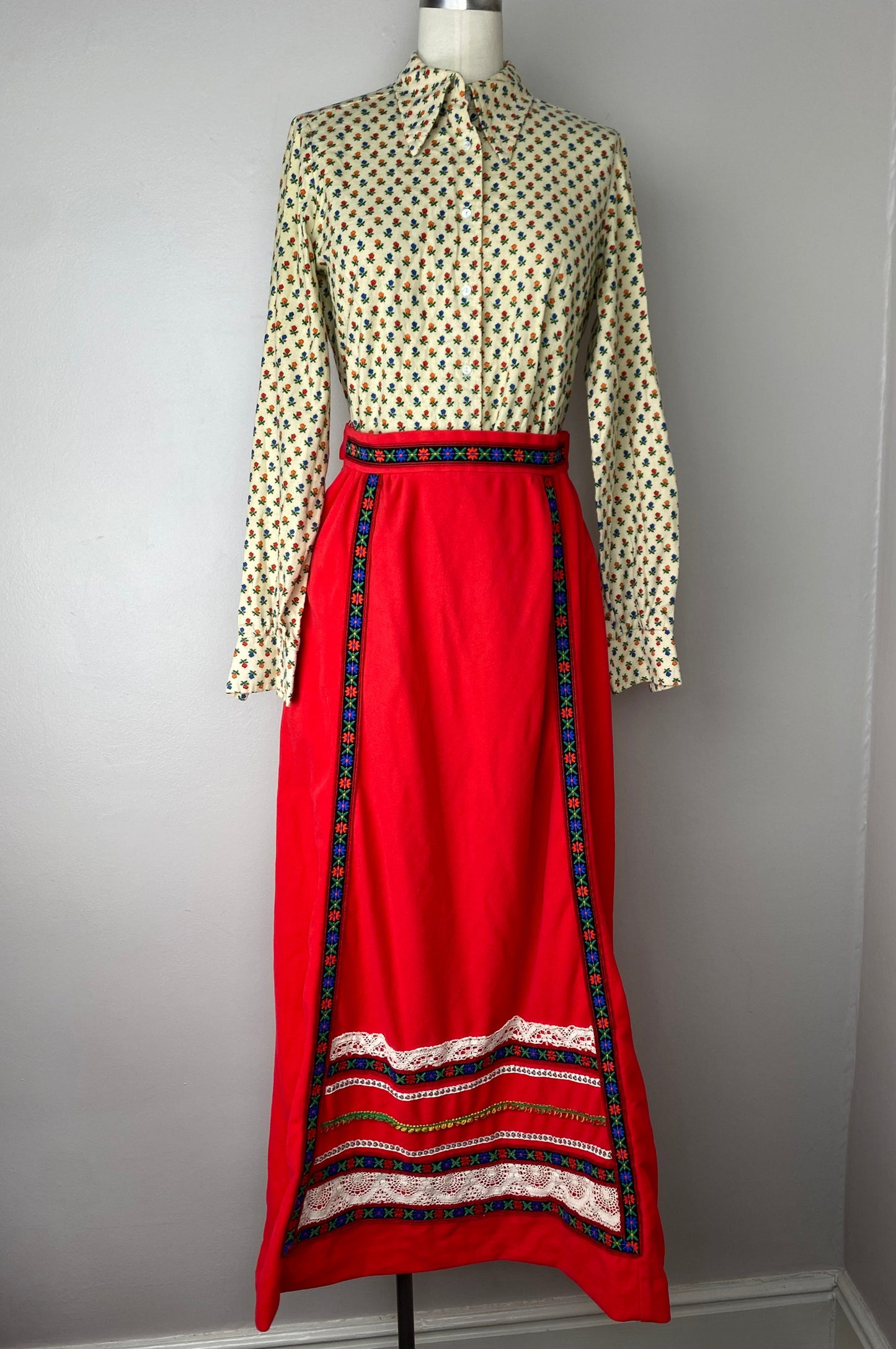 1970s Red Embellished Maxi Skirt, Evelyn Person, Size Small-Medium, Hostess Skirt