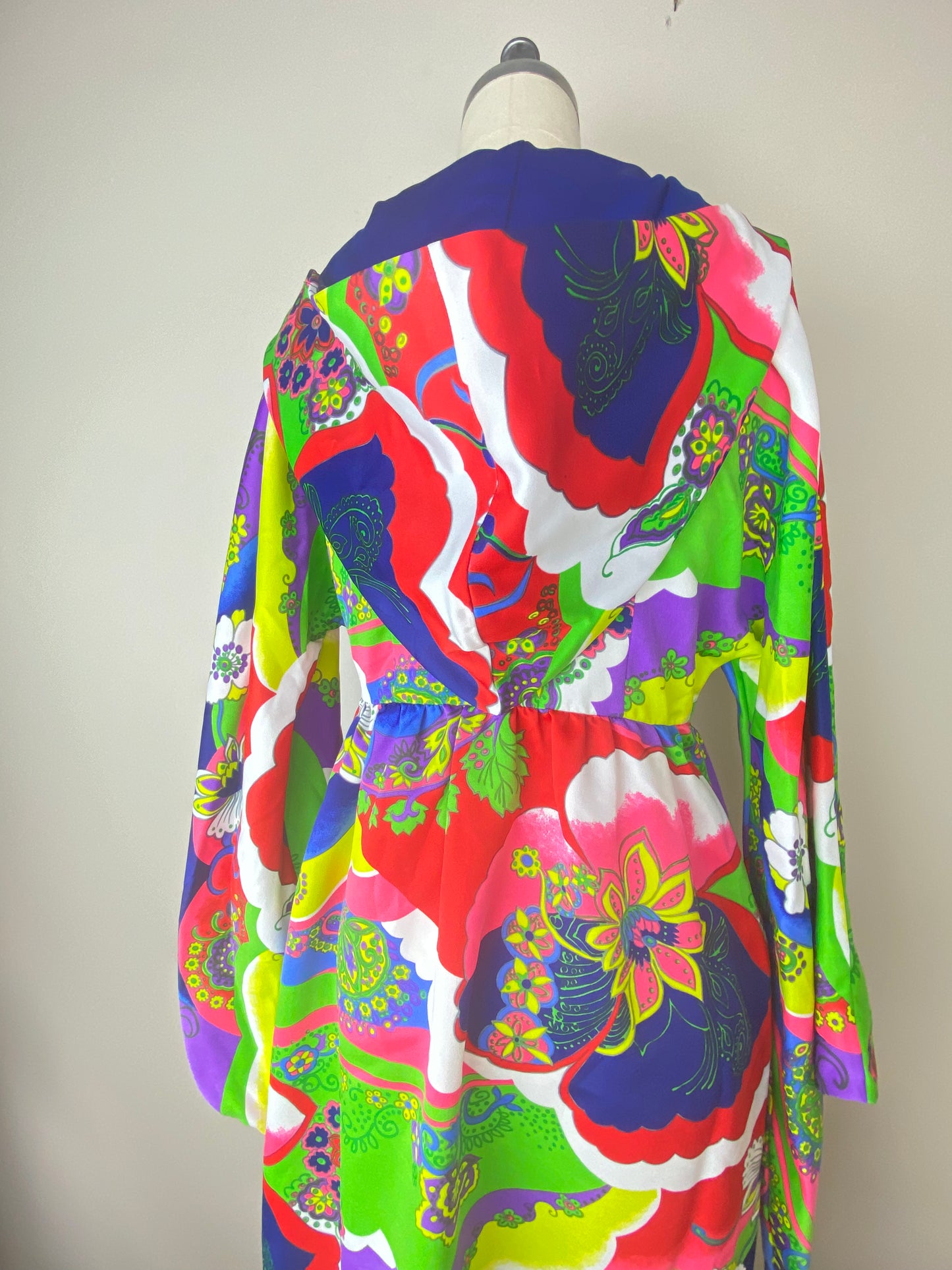 1970s Psychedelic Rainbow Floral Hooded Dress, Concept 70s by Swirl Size S/M, Bell Sleeves