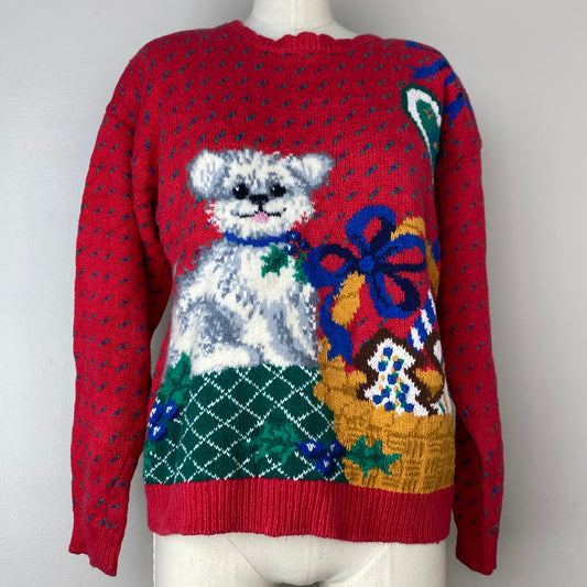 1990s Holiday Puppy Sweater, Signatures by Northern Isles Size S/M, Hand Knit