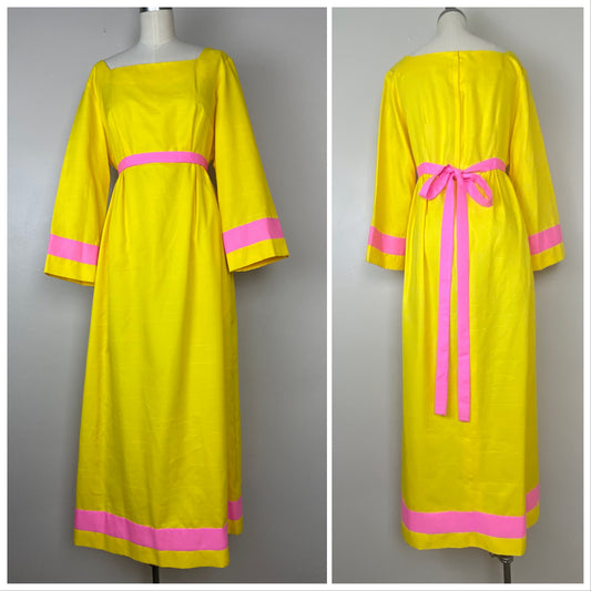 1960s/70s Neon Yellow and Pink Maxi Dress, Gigette, Size Medium