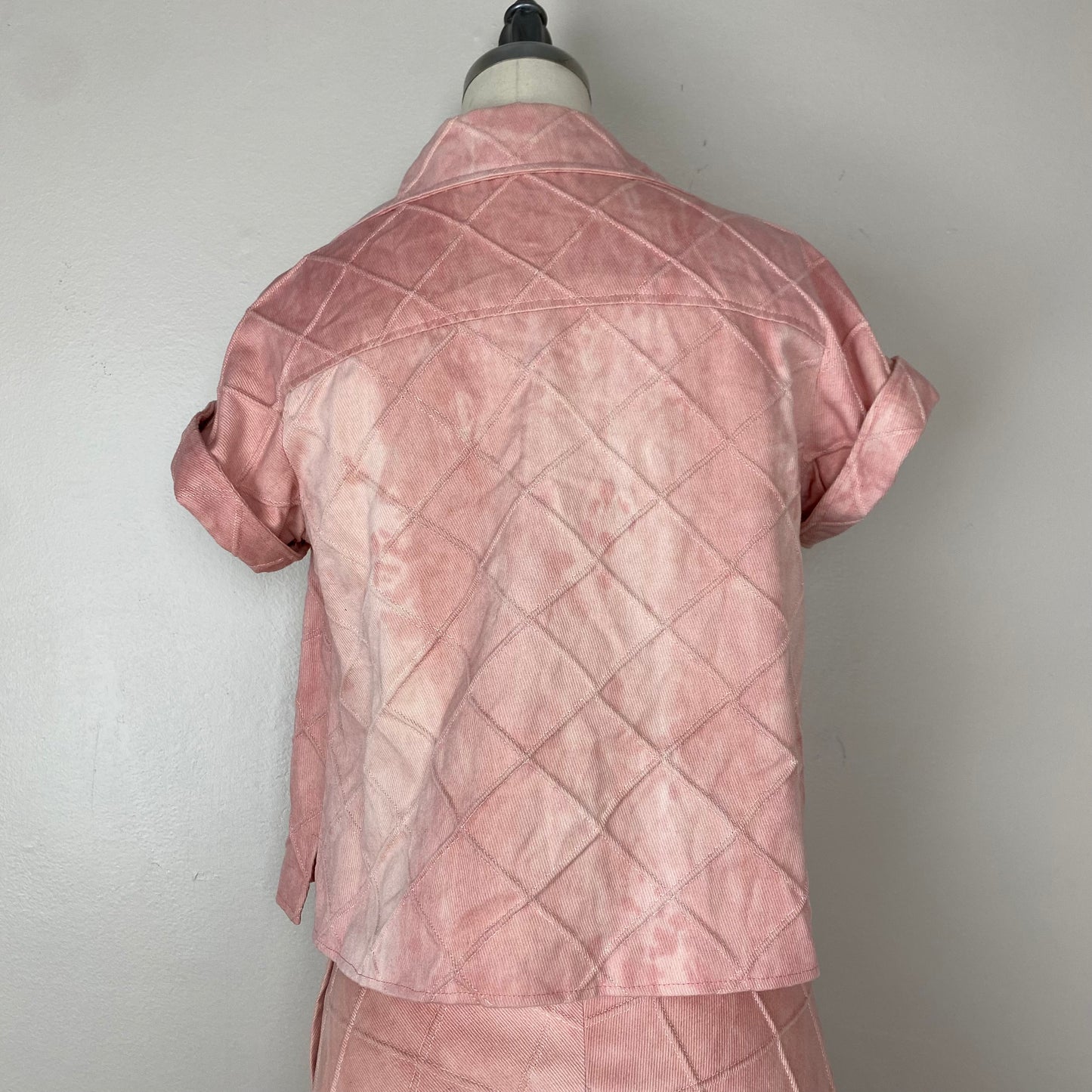 1970s Pink Denim Top and Skirt Set, Size XS/S, Tie Dye, Pin Tuck Grid