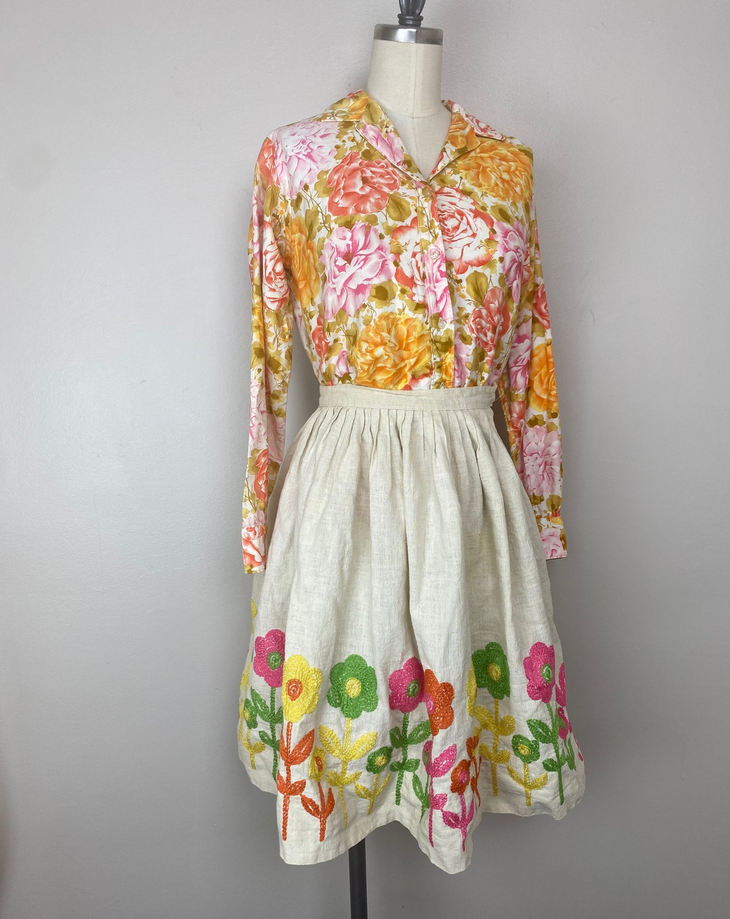 1950s Full Skirt with Floral Embroidered Border, Size XS, Abby Michael Ltd