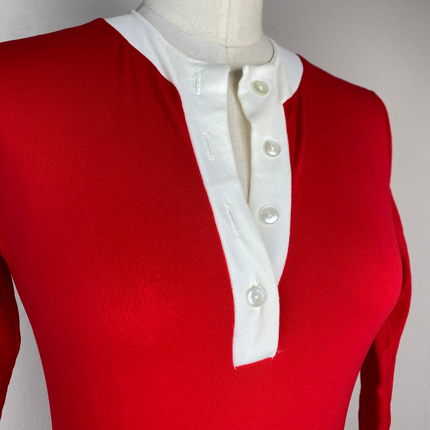 1970s Red Henley Nylon Bodysuit, Carol Evans, Size XS