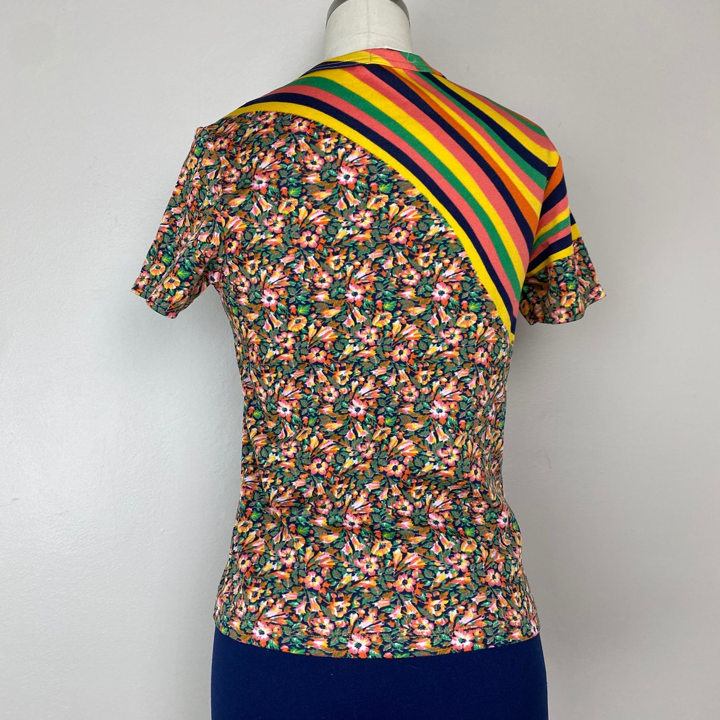 1970s Nik-Nik Floral and Stripes Nylon T-Shirt, Size Small