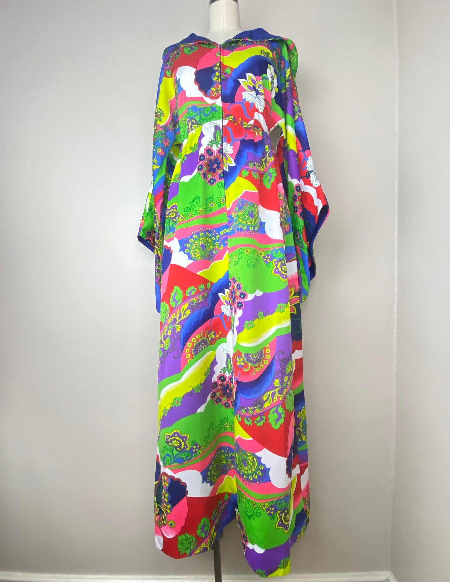 1970s Psychedelic Rainbow Floral Hooded Dress, Concept 70s by Swirl Size S/M, Bell Sleeves