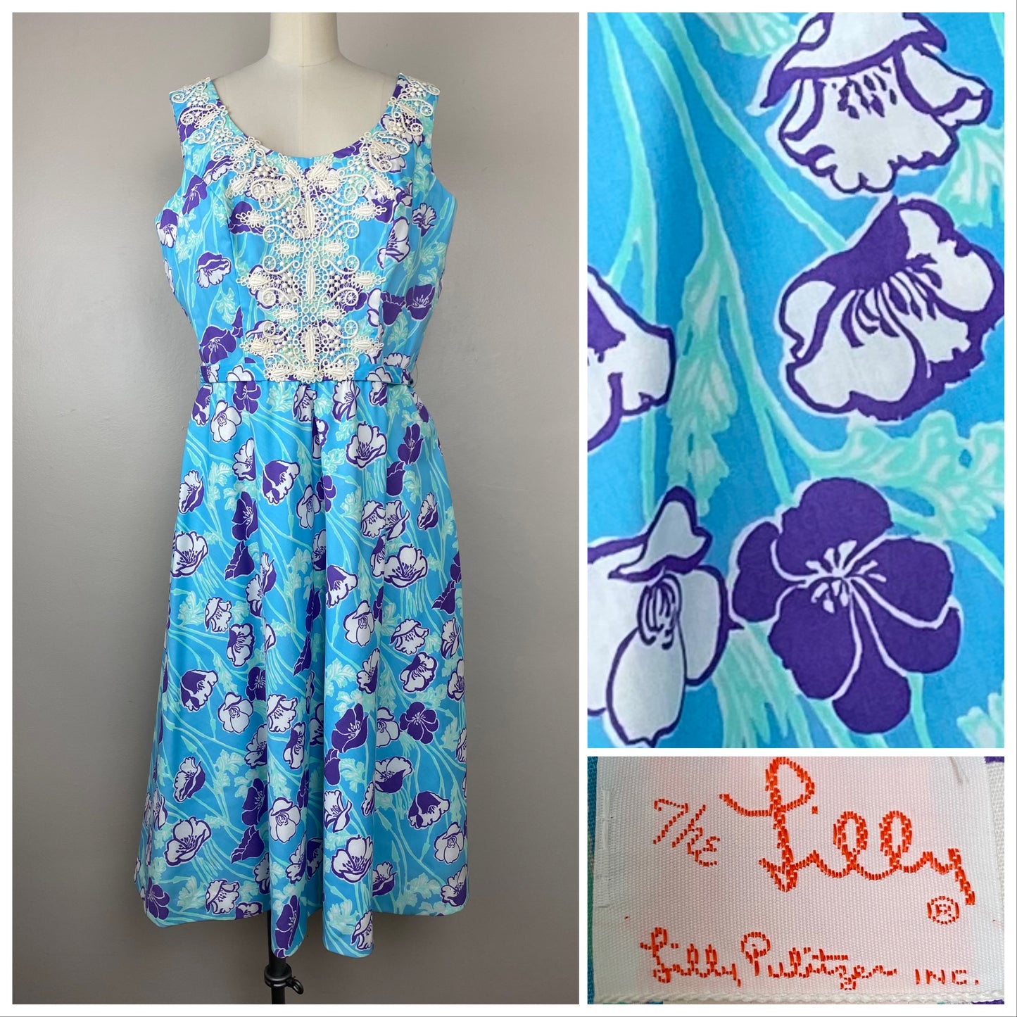 1970s Lilly Pulitzer Midi Dress, The Lilly Size M, Blue Floral Fit and Flare