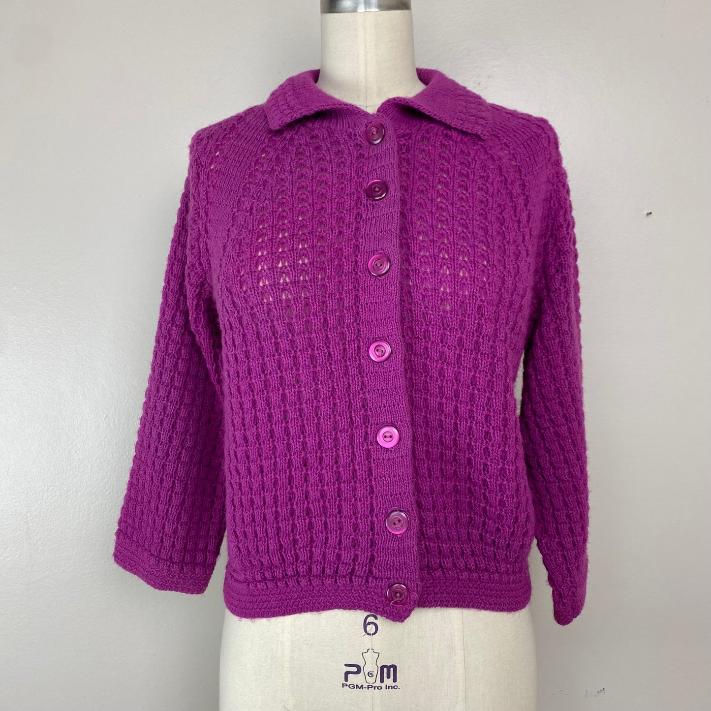 1950s Fuschia Purple Cardigan Sweater, Featherknits, Size Small, 3/4 Sleeves