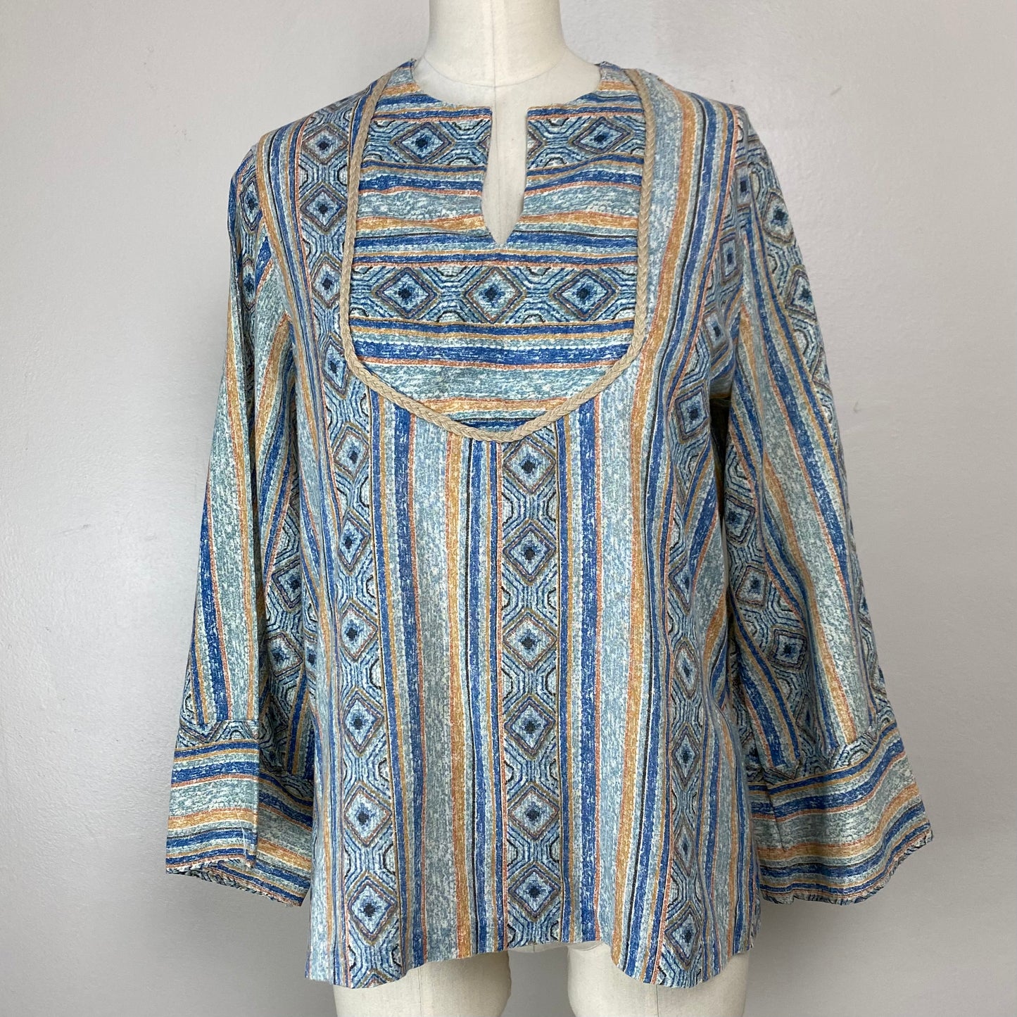 1960s/70s Hippie Blouse, Bell Sleeves, Striped/Geometric Print, Size M/L