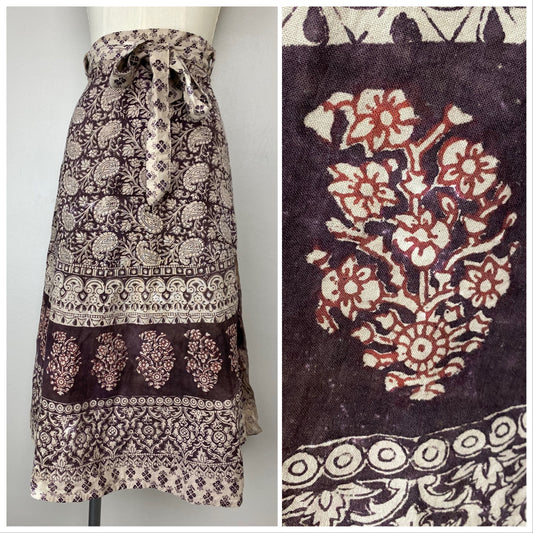 1970s Indian Wrap Skirt, Floral Block Print, Size Small