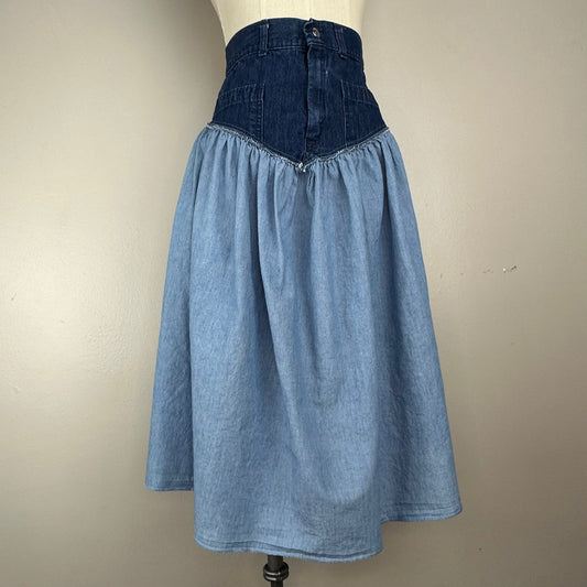 1980s Cesucci Upcycled OOAK Chambray and Denim Skirt, Size Medium, Sea Farer US Navy Dungaree Jeans