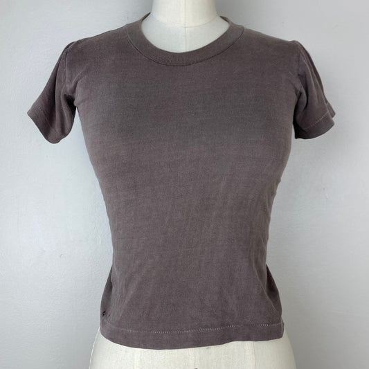 Faded/Over Dyed Brown Single Stitch T-Shirt, Size XXS-XS, Distressed