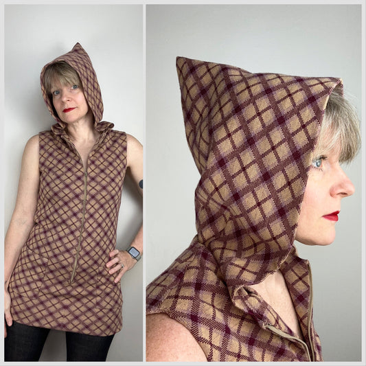 1970s Hooded Plaid Mini Dress, Size Small, Double Knit