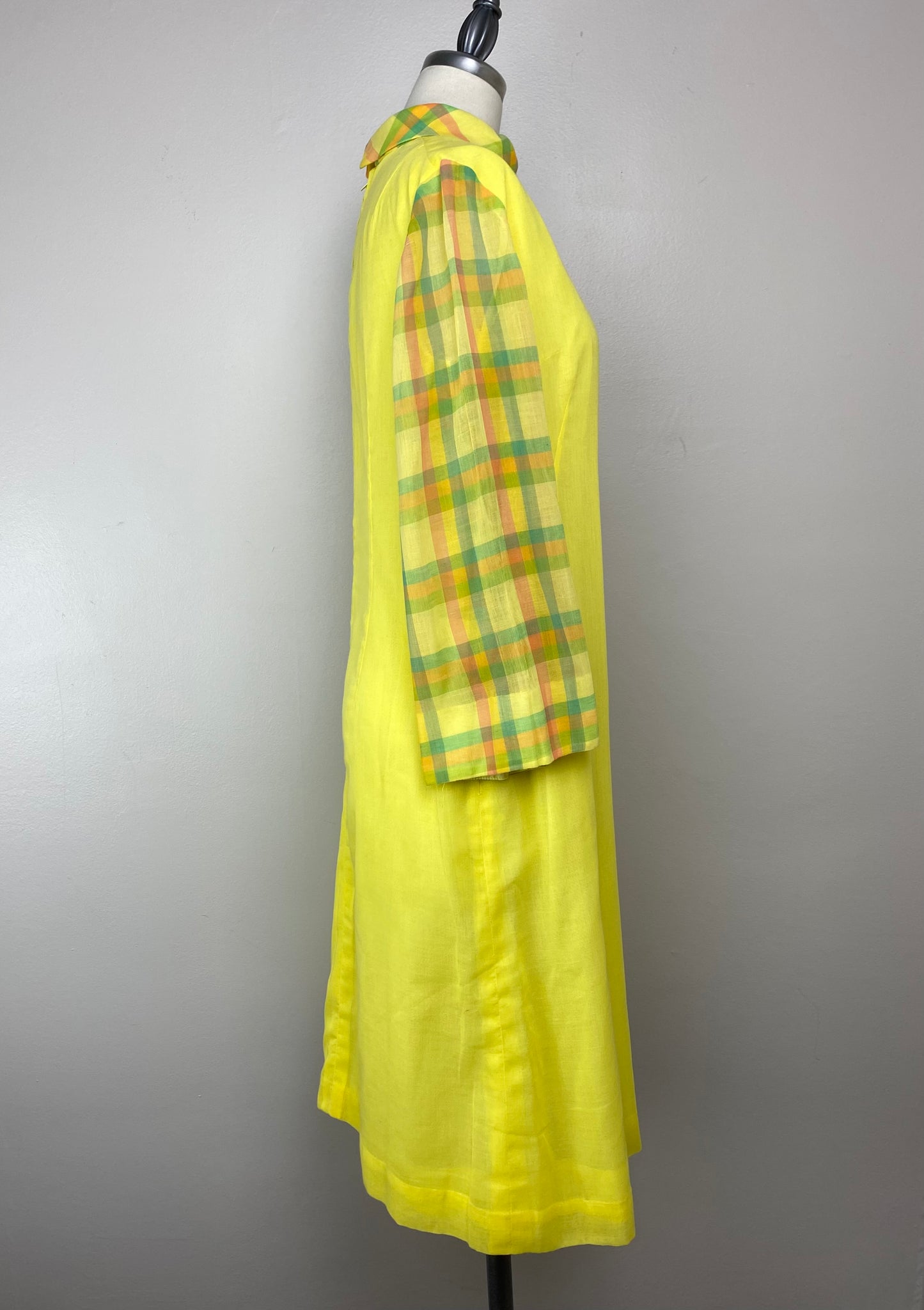 1960s Mod Yellow Dress with Plaid Sleeves, Size Medium