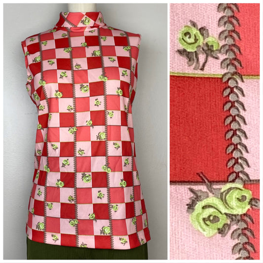 1970s Sleeveless Turtleneck Top, Size Small-Medium, Checkerboard Floral