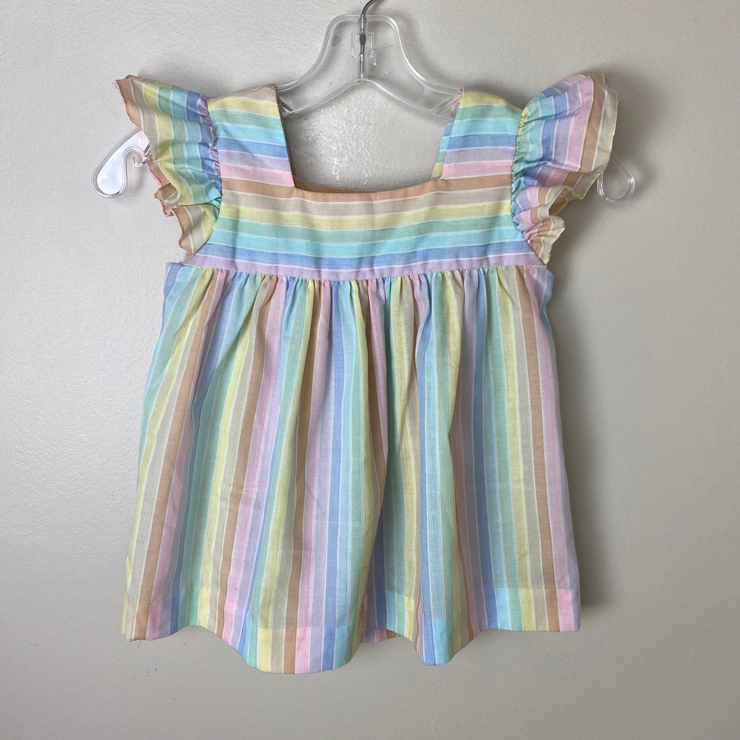 1980s Rainbow Stripe Pinafore Dress and Yellow Puff Sleeve Dress, Size 4T