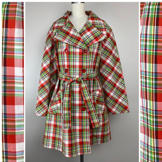 1960s Plaid Coat, Sharpee, Size M/L, Double Breasted Trench with Belt