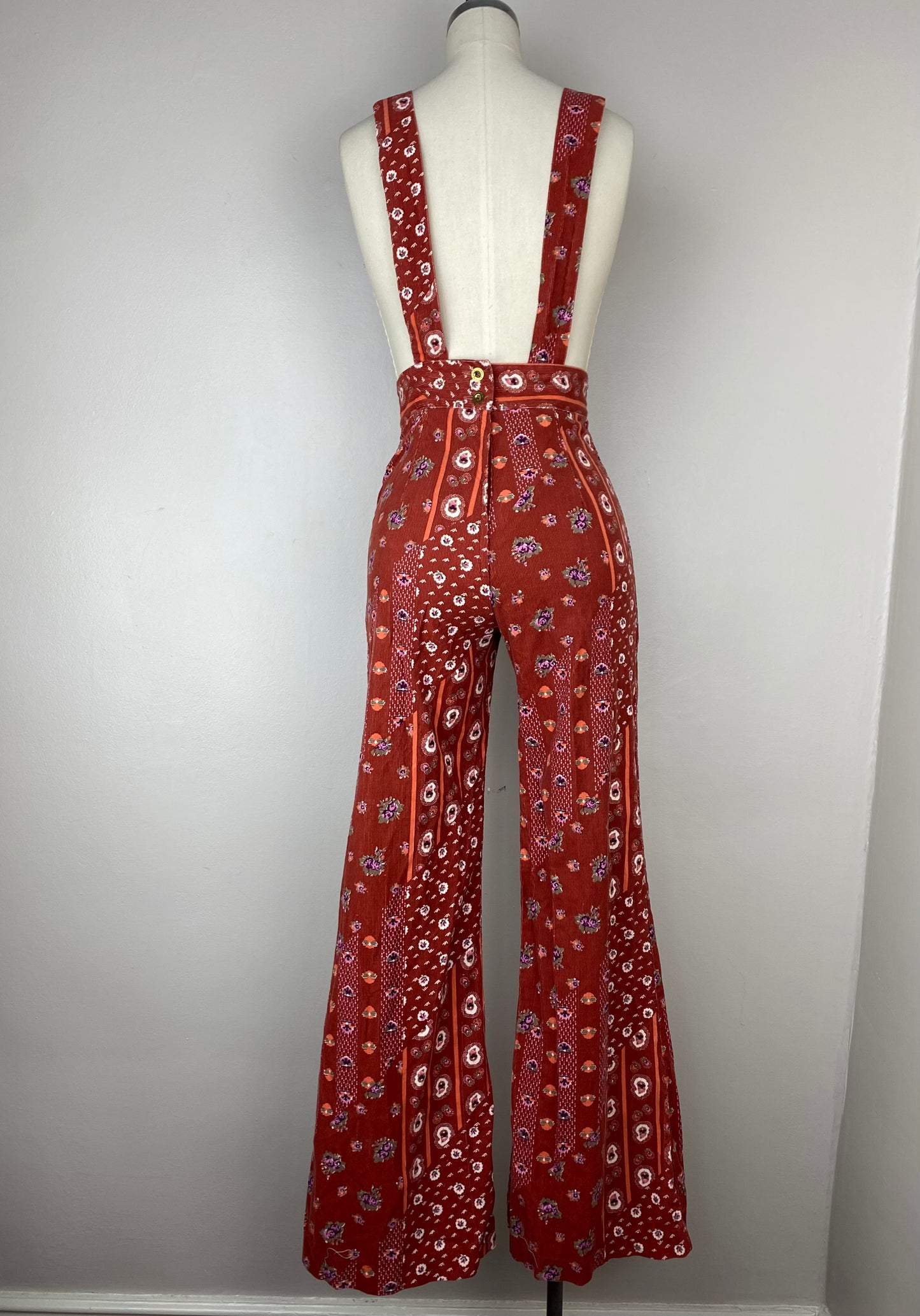 1970s Printed Corduroy Low Back Overalls, Sportset Size XS, High Waisted Bell Bottoms