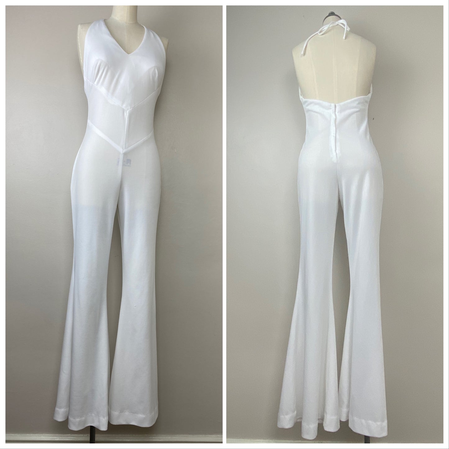 1970s White Bell Bottom Halter Jumpsuit, Size S/M