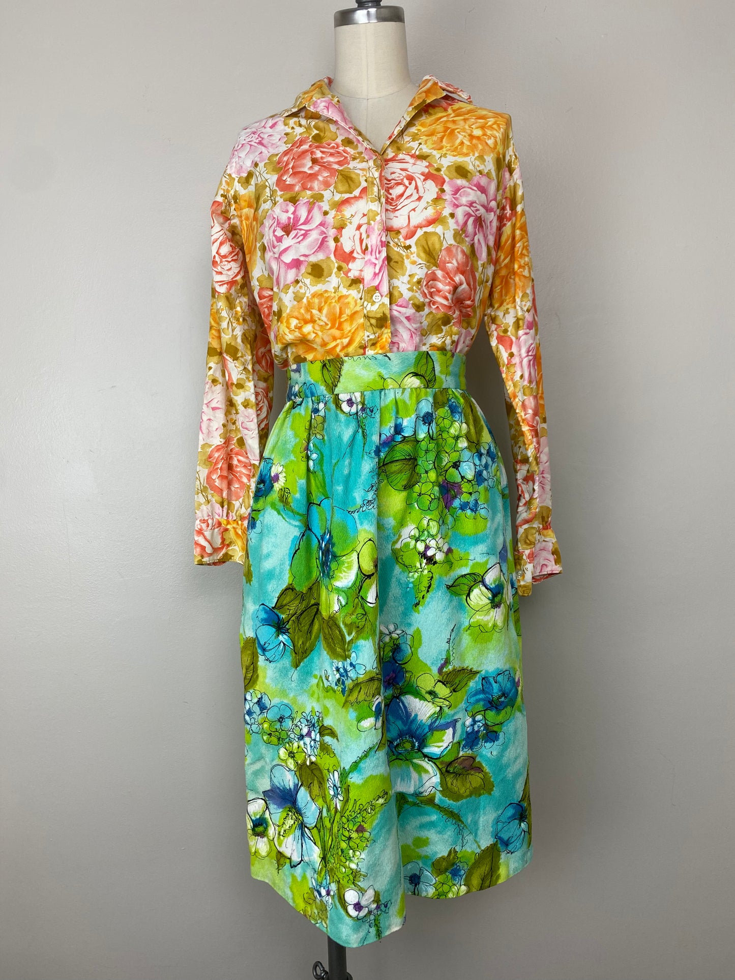 1960s Watercolor Floral Skirt, Size XS