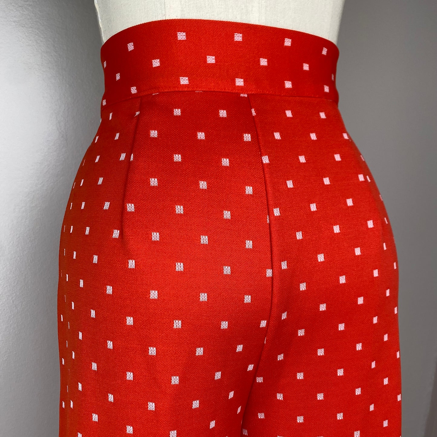 1970s Red Polka Dot Bell Bottom Pants, 27"x30.5"