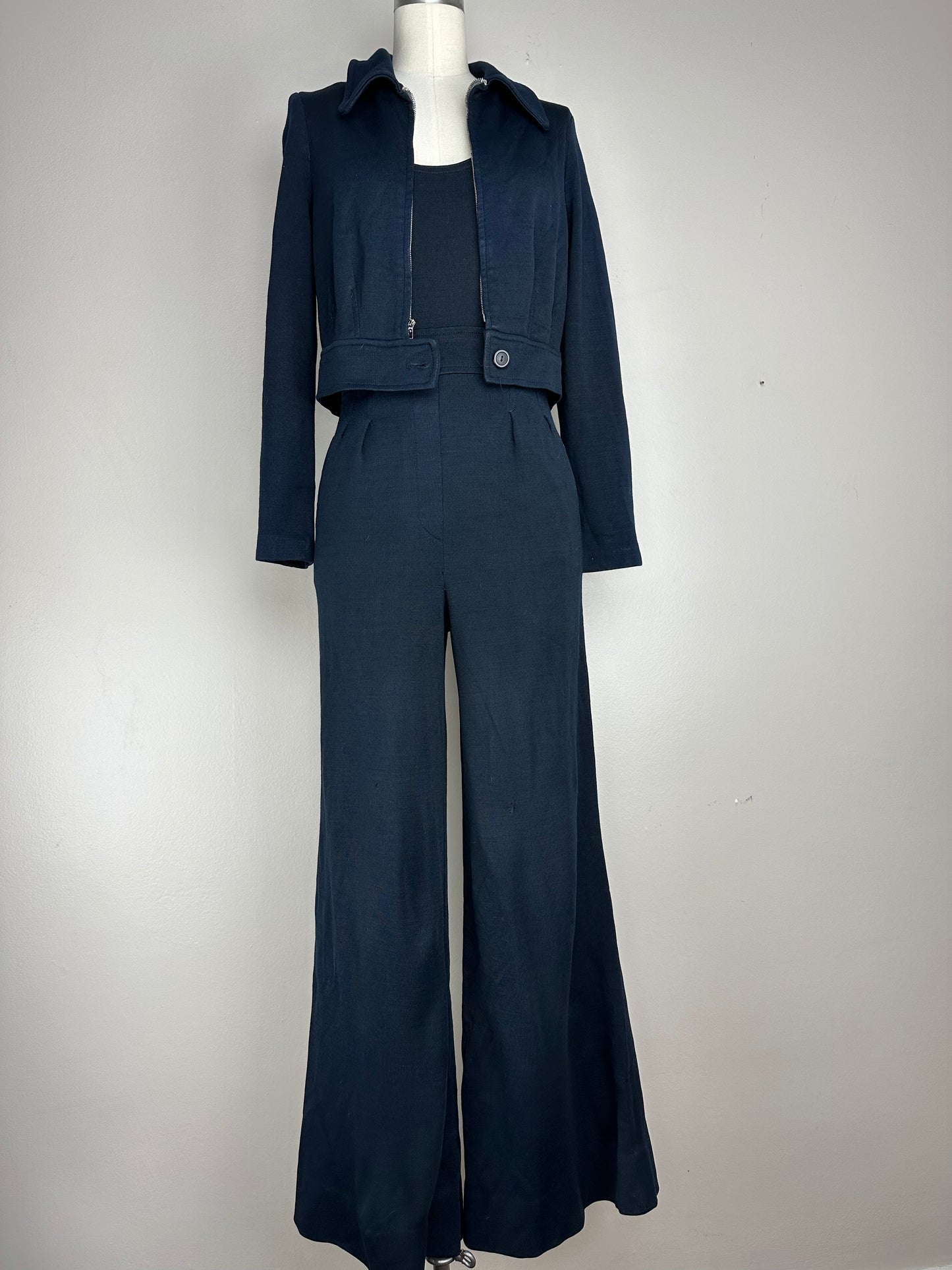 1970s Black Bell Bottom Jumpsuit with Cropped Jacket, Size Small