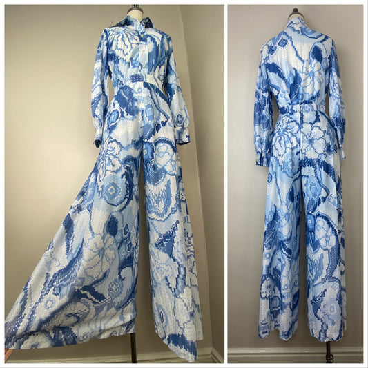 1970s Lurex Floral Blouse and Wide Leg Palazzo Pants Matching Set, HBW Size Small, Pixel Art