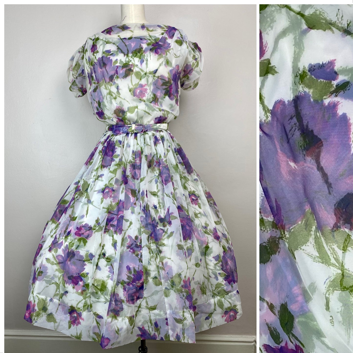 1950s Floral Chiffon Party Dress, Size Large