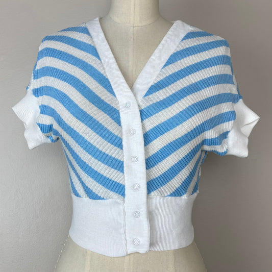 1970s Turtle Bax Rib Knit Top, Blue and White Stripes, Short Sleeve Cardigan