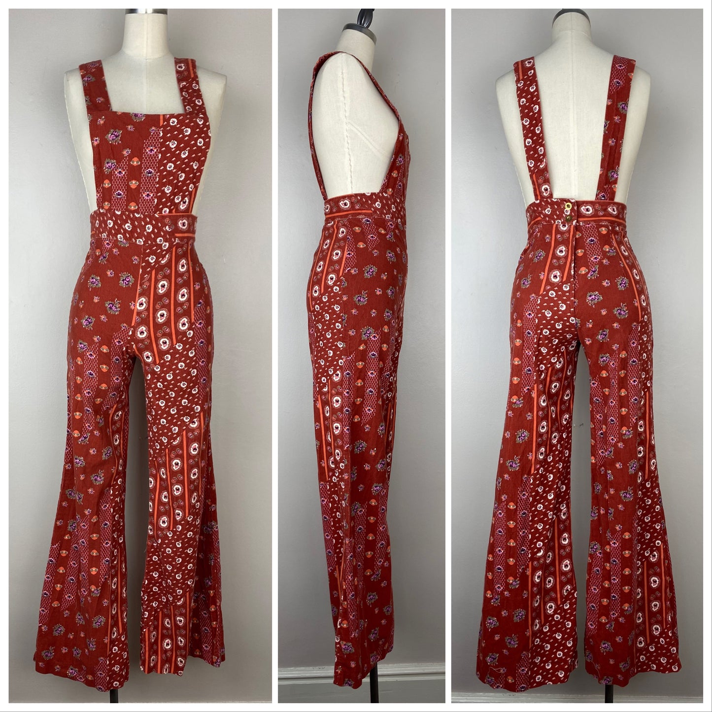 1970s Printed Corduroy Low Back Overalls, Sportset Size XS, High Waisted Bell Bottoms