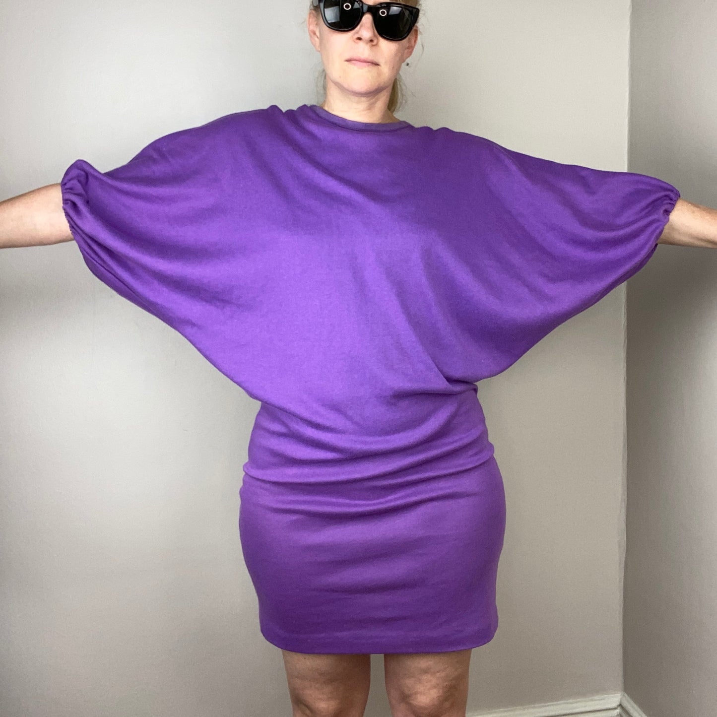 1980s Purple Batwing Sleeve T-Shirt Dress, Frederick’s of Hollywood, Size XS-Med