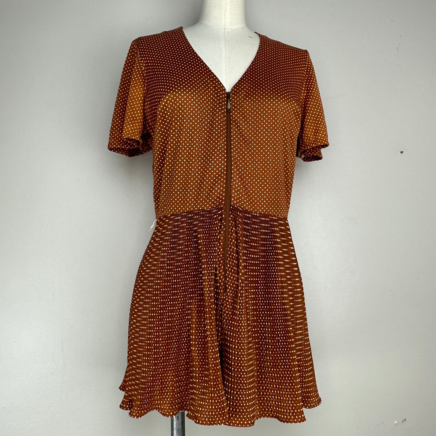 1970s Brown Polka Dot Zip Front Romper, Size Small-Medium, Accordion Pleats