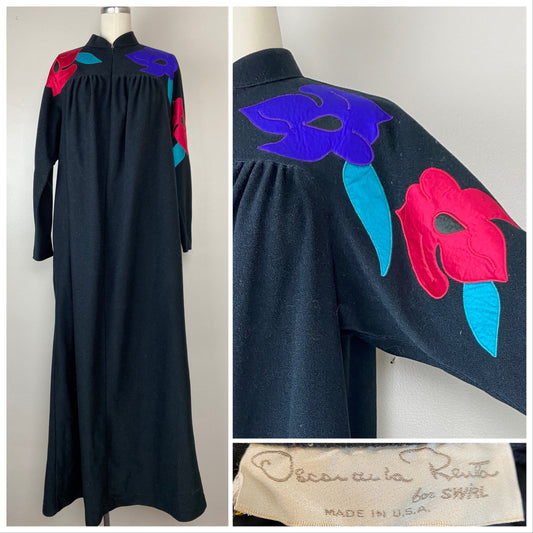 1980s Black Robe with Floral Appliqué, Oscar de la Renta for Swirl, Size Medium, Zip Front